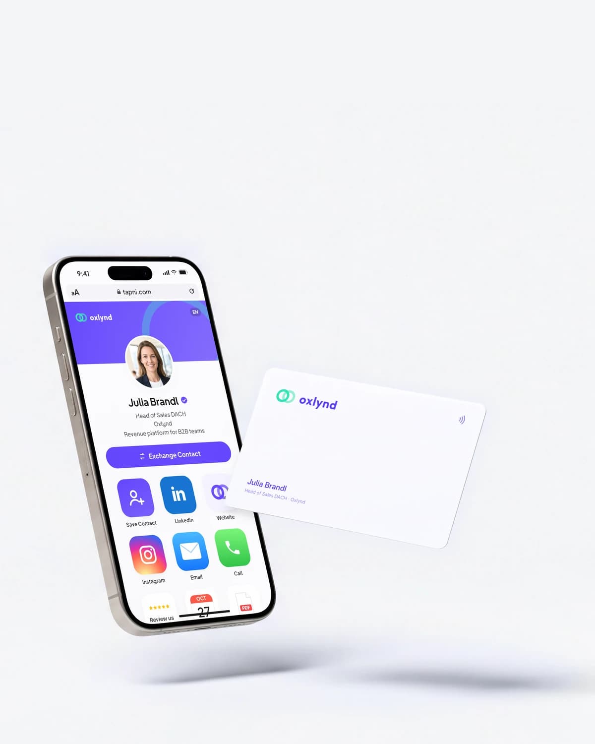 iPhone showing a Tapni digital profile beside a white NFC business card