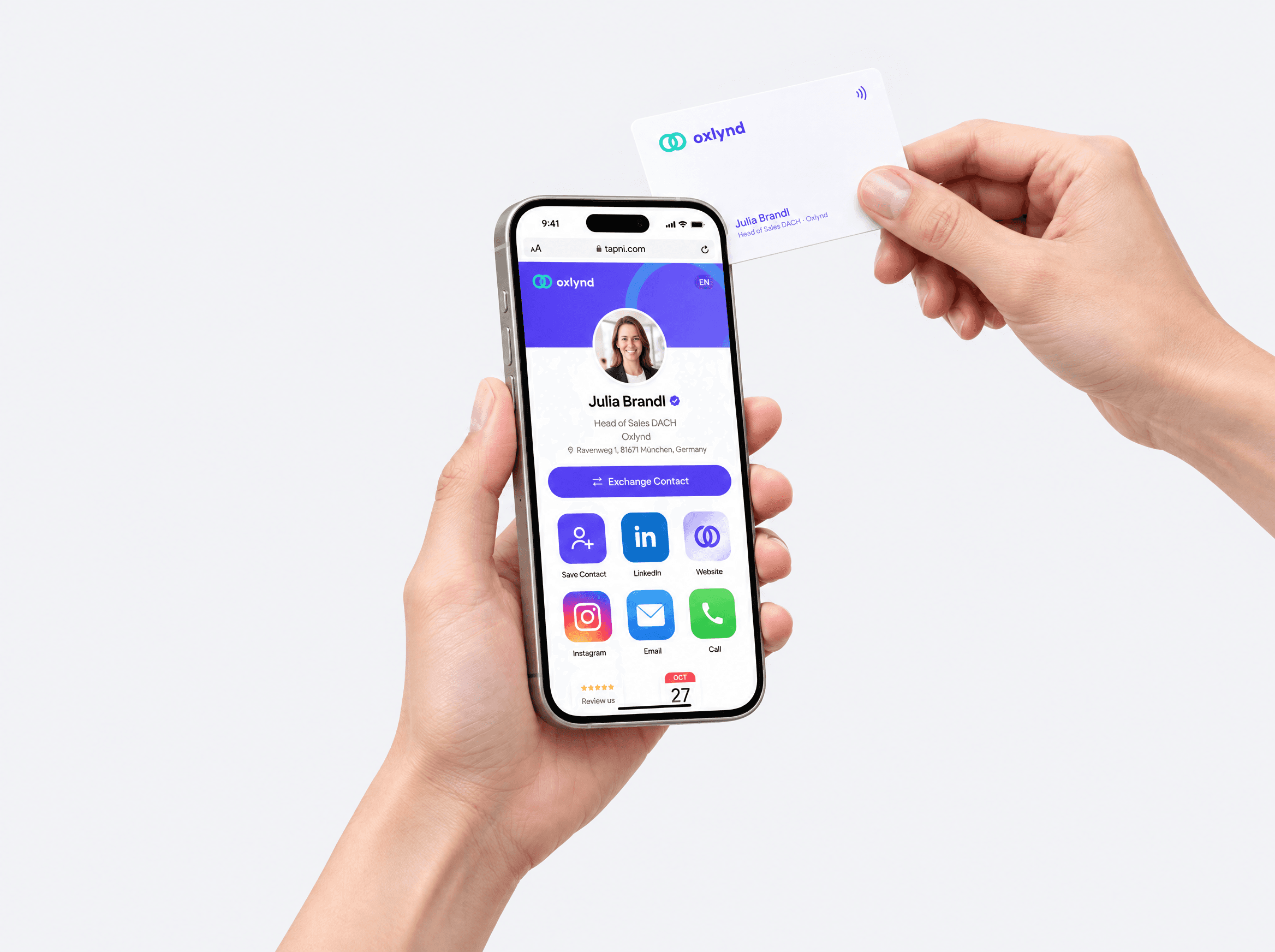 A white Tapni NFC card tapped against an iPhone showing a digital business profile