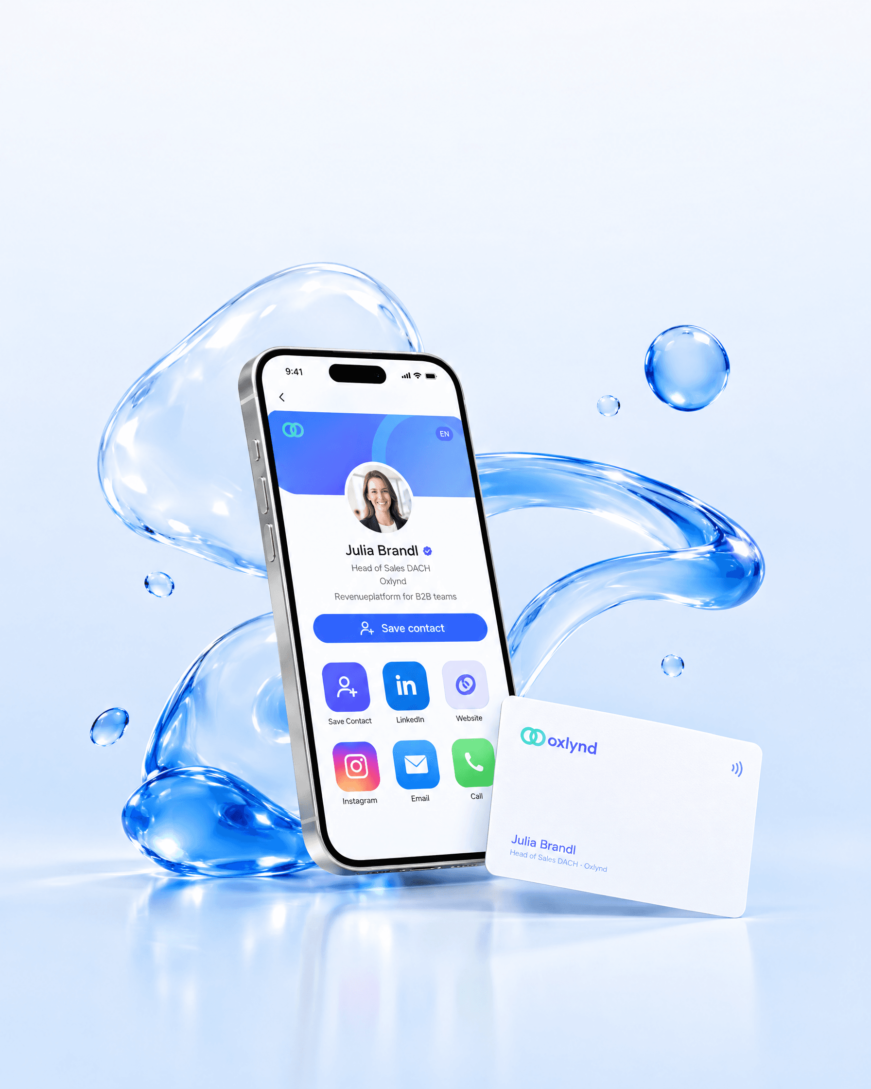 iPhone showing a Tapni profile next to a white NFC business card, surrounded by blue liquid glass shapes